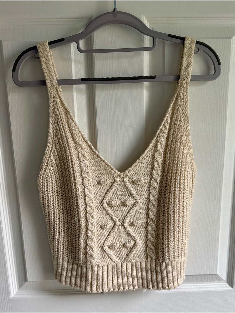 Cream Cable Knit V-Neck Cropped Tank Top